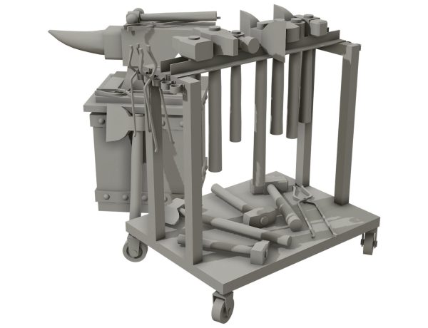 Anvil with Ironwork Tools and Rack 1