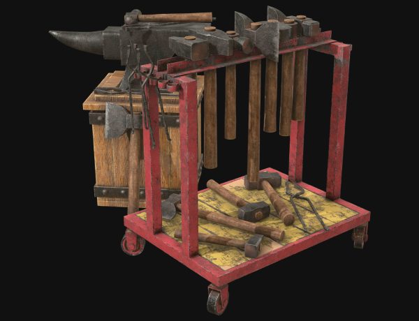 Anvil with Ironwork Tools and Rack 1