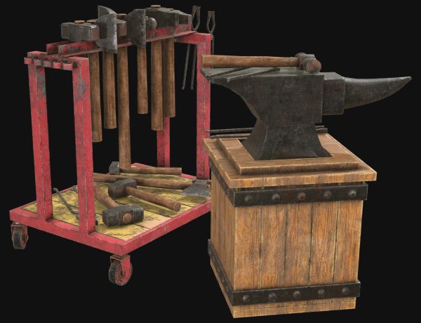 Anvil with Ironwork Tools and Rack 1