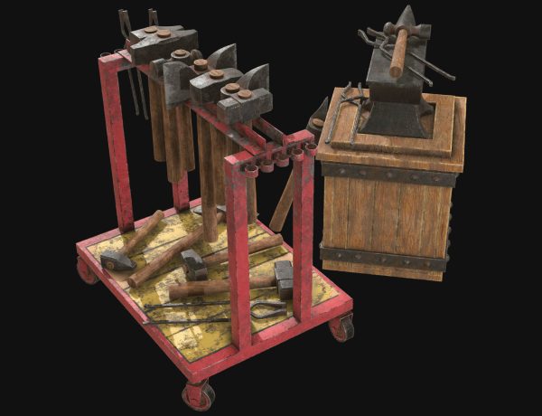 Anvil with Ironwork Tools and Rack 1