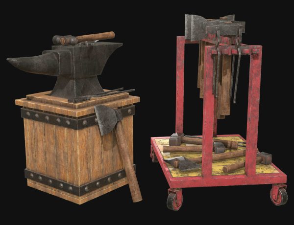 Anvil with Ironwork Tools and Rack 1