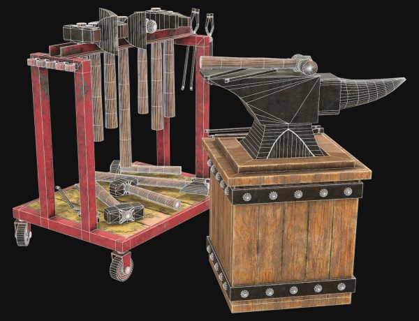 Anvil with Ironwork Tools and Rack 1