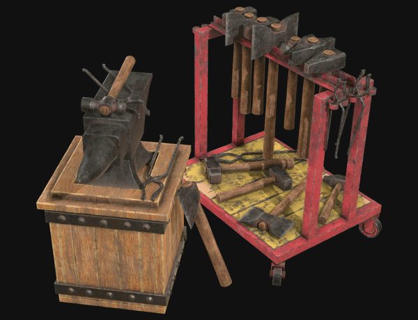 Anvil with Ironwork Tools and Rack 1