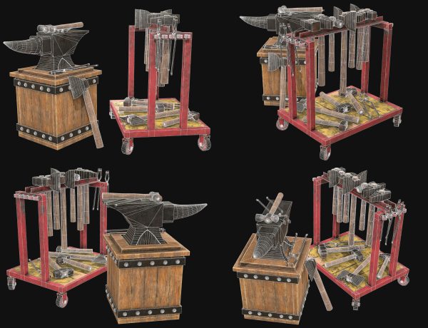 Anvil with Ironwork Tools and Rack Set 1