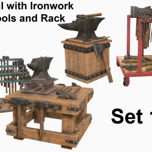 Anvil with Ironwork Tools and Rack Set 1