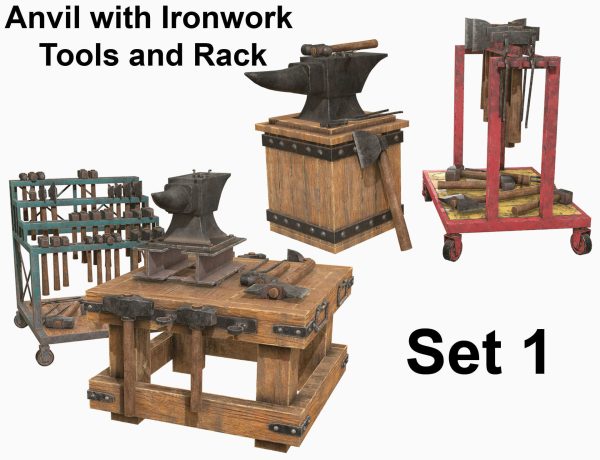 Anvil with Ironwork Tools and Rack Set 1