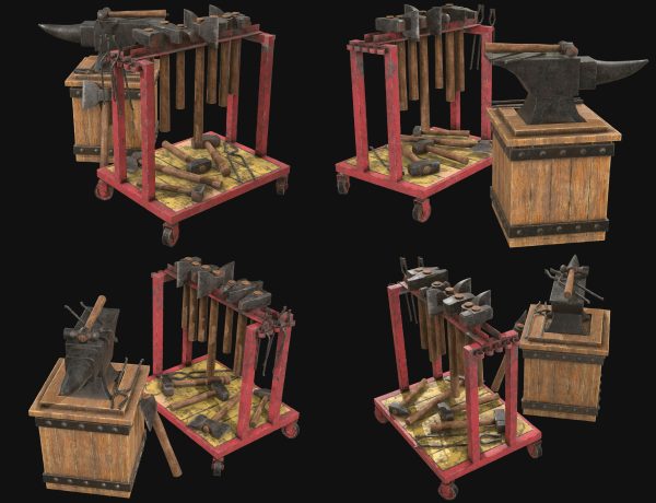 Anvil with Ironwork Tools and Rack Set 1