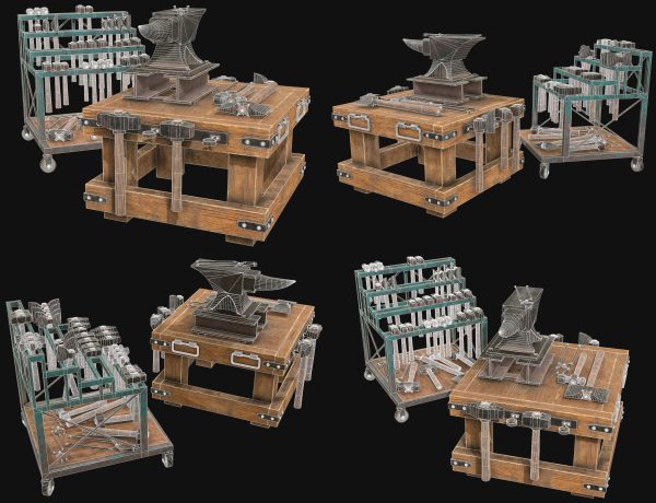 Anvil with Ironwork Tools and Rack Set 1