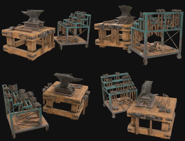 Anvil with Ironwork Tools and Rack Set 1