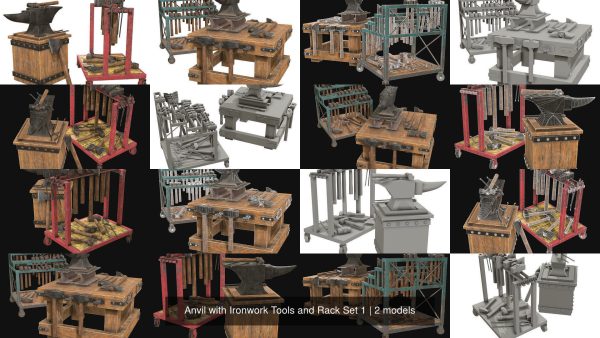 Anvil with Ironwork Tools and Rack Set 1