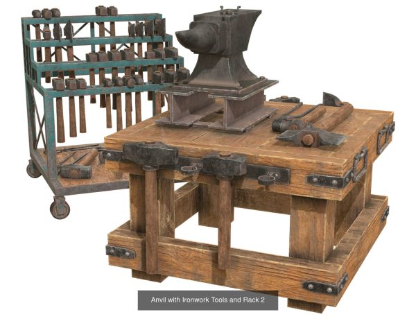 Anvil with Ironwork Tools and Rack Set 1