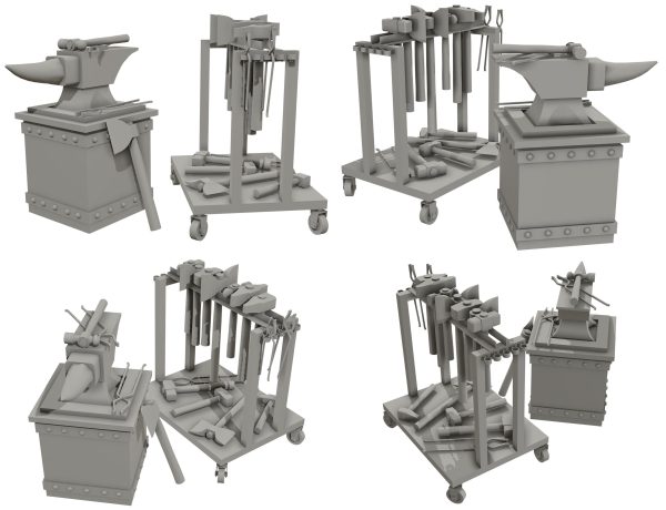 Anvil with Ironwork Tools and Rack Set 1