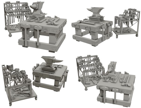 Anvil with Ironwork Tools and Rack Set 1