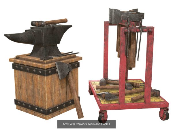 Anvil with Ironwork Tools and Rack Set 1