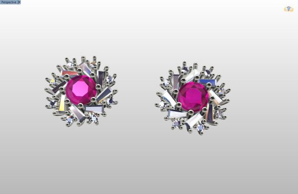 cluster earring with round and baguette gemstones