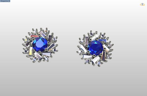 cluster earring with round and baguette gemstones