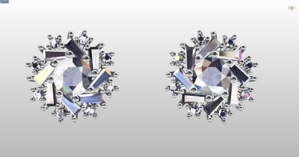 cluster earring with round and baguette gemstones