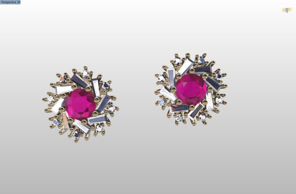 cluster earring with round and baguette gemstones