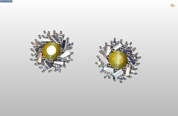 cluster earring with round and baguette gemstones