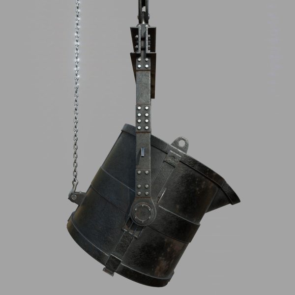 Foundry metal bucket hanging on chain