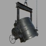Foundry metal bucket hanging on chain