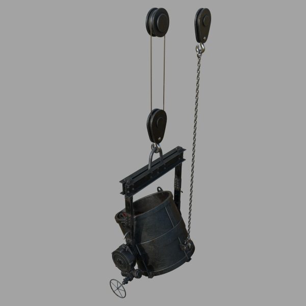Foundry metal bucket hanging on chain
