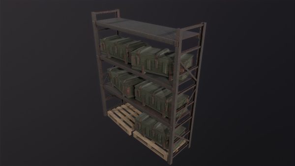 Iron shelf and military wooden box 3D Model