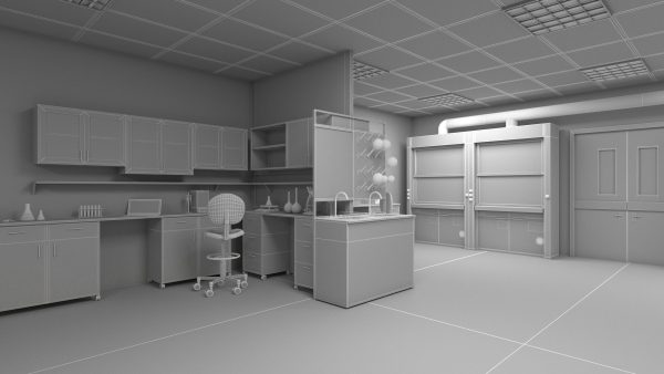 Laboratory 3D model with counter tops and chairs