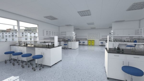 Laboratory 3D model with counter tops and chairs