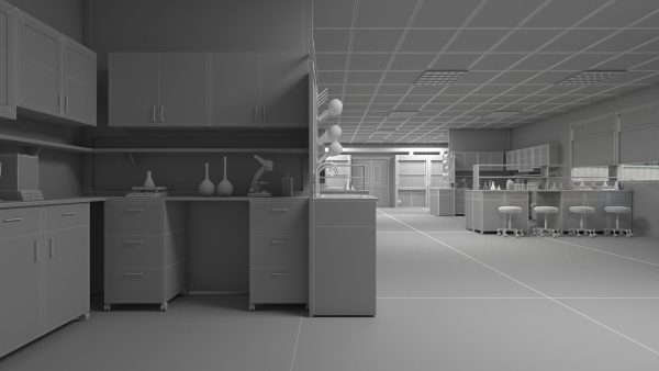Laboratory 3D model with counter tops and chairs