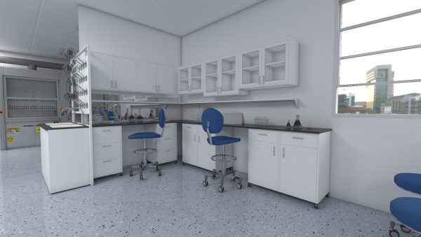 Laboratory 3D model with counter tops and chairs