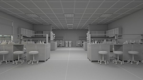 Laboratory 3D model with counter tops and chairs