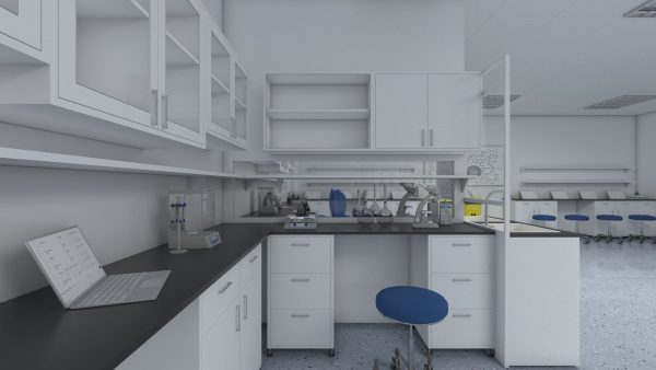 Laboratory 3D model with counter tops and chairs