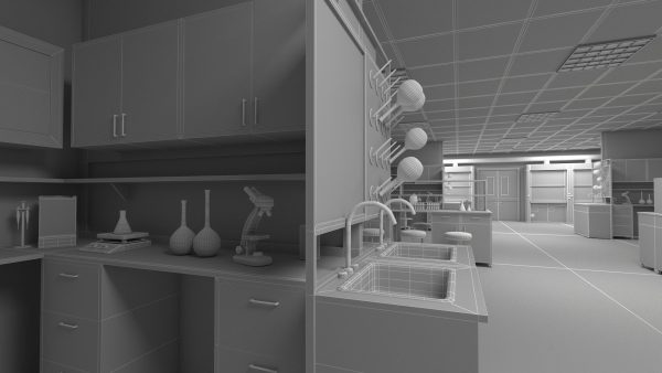Laboratory 3D model with counter tops and chairs