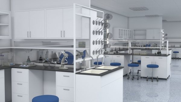 Laboratory 3D model with counter tops and chairs
