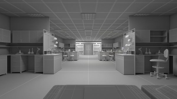 Laboratory 3D model with counter tops and chairs