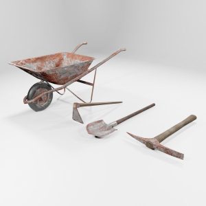 pickaxe shovel wheelbarrow