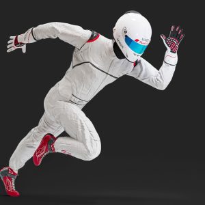 Pilot man in racing suit on metal ball