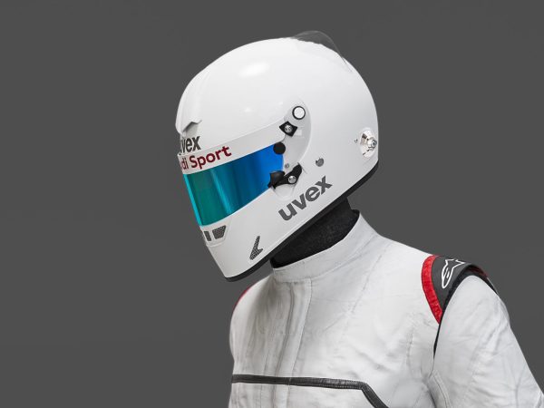 Pilot man in racing suit on metal ball