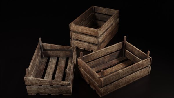 Set of three 3 wooden storage boxes Crate Low-poly