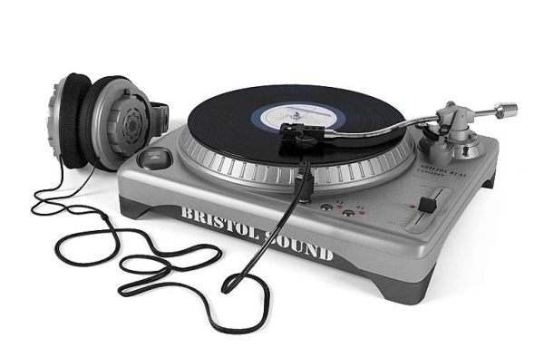 Silver And Black Turntable With Headphones