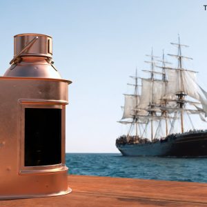 Vintage Copper Ship Lamp with Black Glass Disassembled