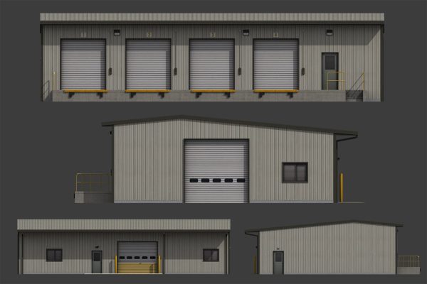 Warehouse metal building with doors and stairs