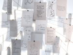 Zettelz 5 light fixture with paper hanging from it