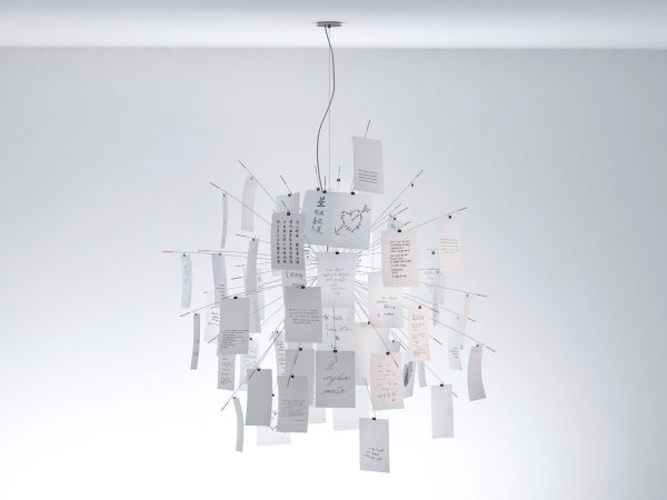 Zettelz 5 light fixture with paper hanging from it