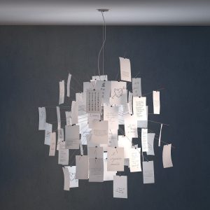 Zettelz 5 light fixture with paper hanging from it