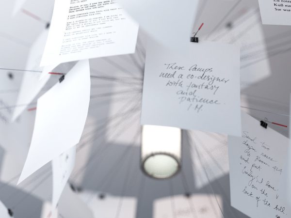 Zettelz 5 light fixture with paper hanging from it