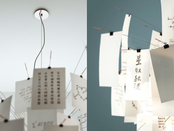 Zettelz 5 light fixture with paper hanging from it